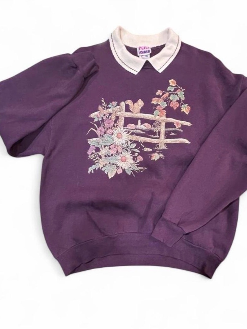 Vintage 80s Purple Floral Squirrel Sweater with Contrast Collar